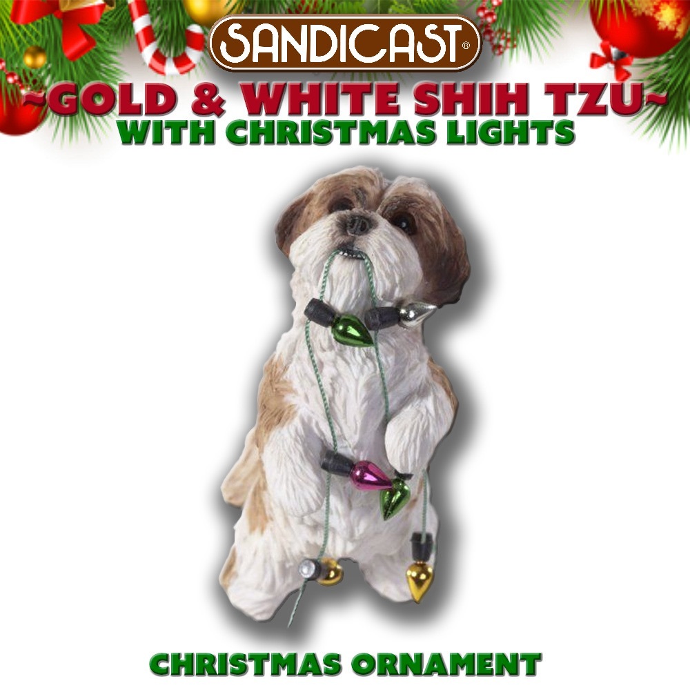 Sandicast Gold & White SHIH TZU with lights Christmas Ornament